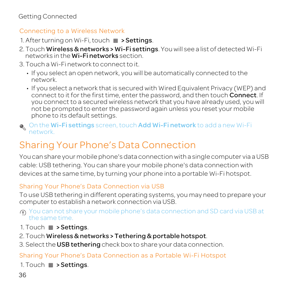 Connecting to a wireless network, Sharing your phone’s data connection, Sharing your phone’s data connection via usb | Huawei U8800-51 User Manual | Page 41 / 83