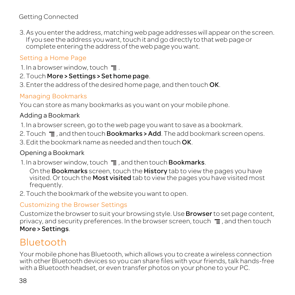 Managing bookmarks, Adding a bookmark, Opening a bookmark | Customizing the browser settings, Bluetooth | Huawei U8800-51 User Manual | Page 43 / 83