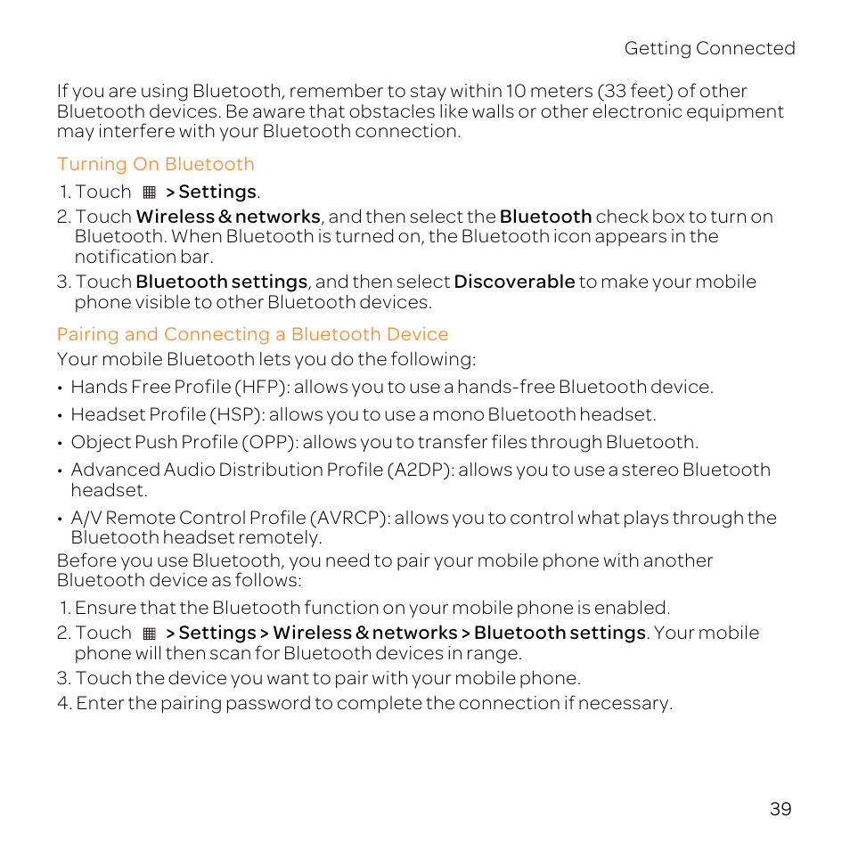 Turning on bluetooth, Pairing and connecting a bluetooth device | Huawei U8800-51 User Manual | Page 44 / 83