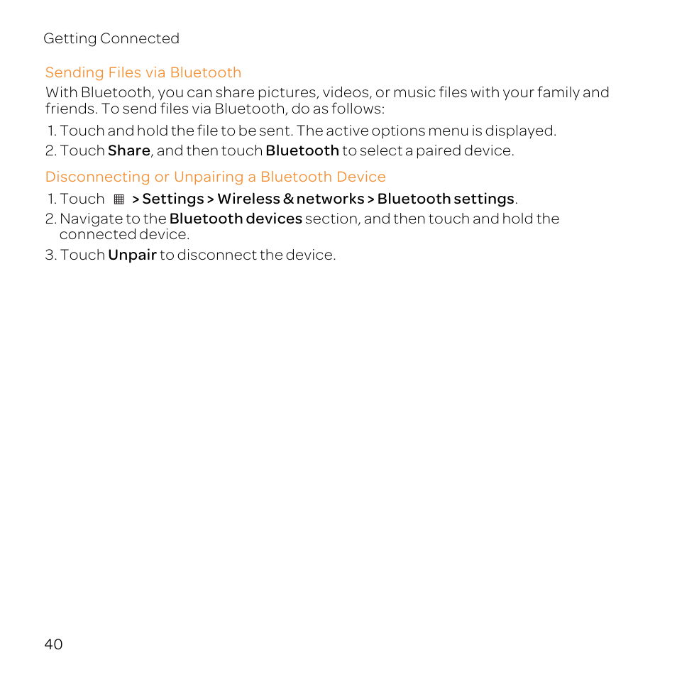 Sending files via bluetooth, Disconnecting or unpairing a bluetooth device | Huawei U8800-51 User Manual | Page 45 / 83