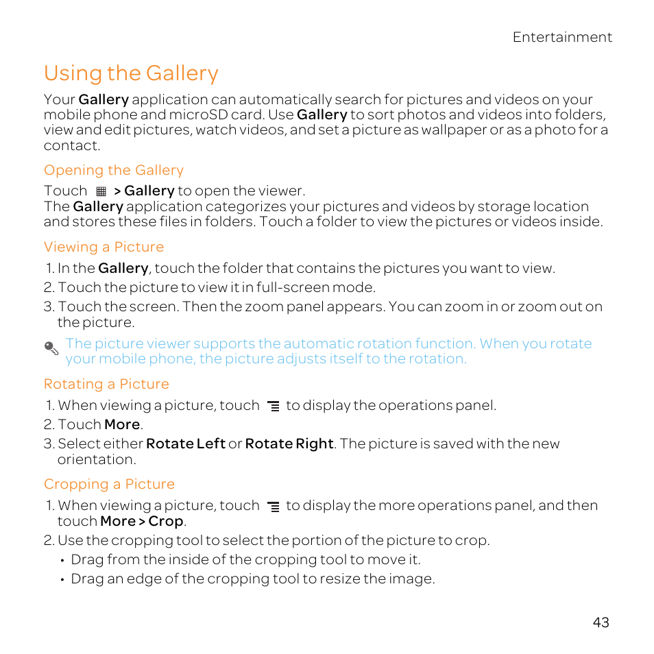 Using the gallery, Opening the gallery, Viewing a picture | Rotating a picture, Cropping a picture | Huawei U8800-51 User Manual | Page 48 / 83