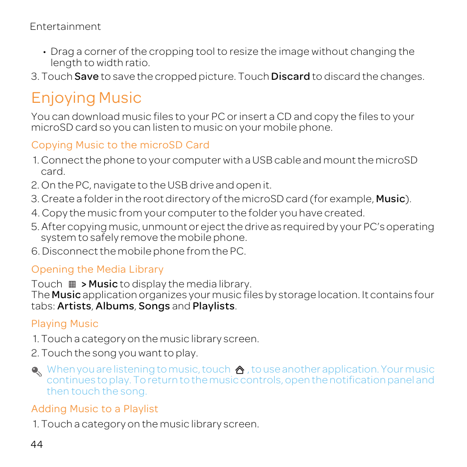 Enjoying music, Copying music to the microsd card, Opening the media library | Playing music, Adding music to a playlist | Huawei U8800-51 User Manual | Page 49 / 83