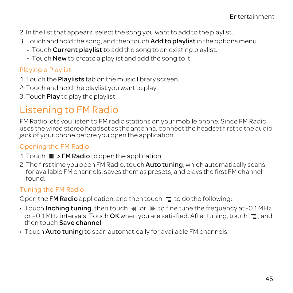 Playing a playlist, Listening to fm radio, Opening the fm radio | Tuning the fm radio | Huawei U8800-51 User Manual | Page 50 / 83