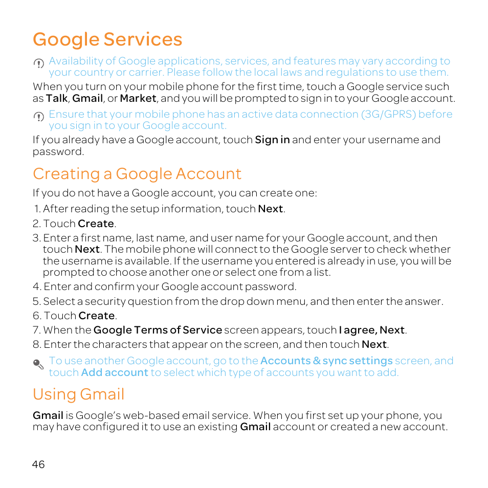 Google services, Creating a google account, Using gmail | Huawei U8800-51 User Manual | Page 51 / 83