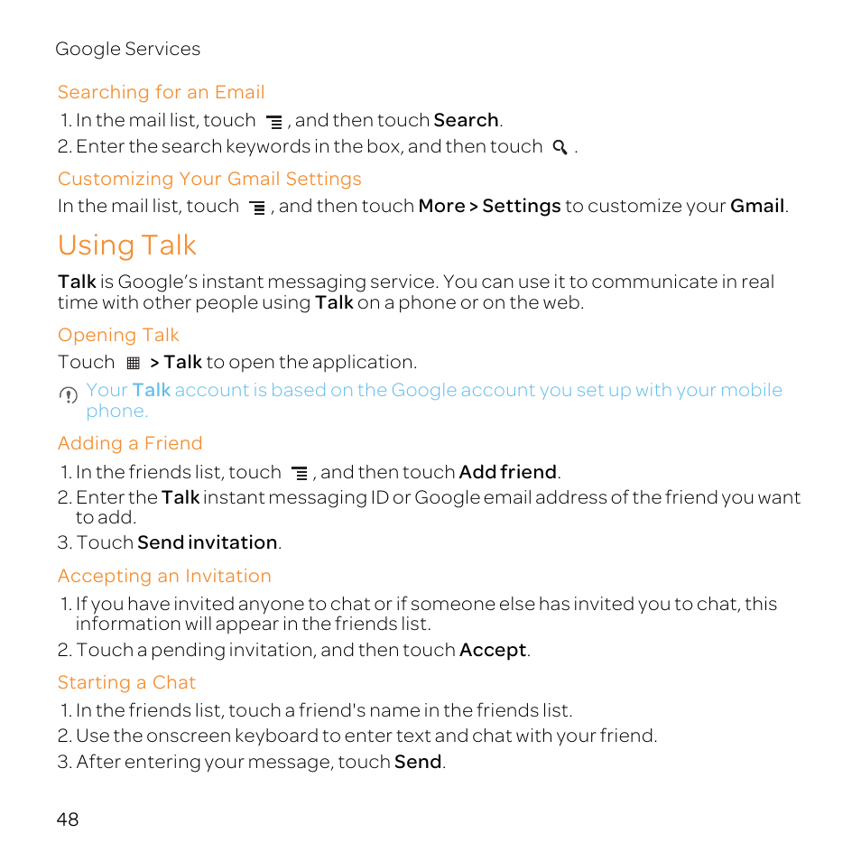 Searching for an email, Customizing your gmail settings, Using talk | Opening talk, Adding a friend, Accepting an invitation, Starting a chat | Huawei U8800-51 User Manual | Page 53 / 83