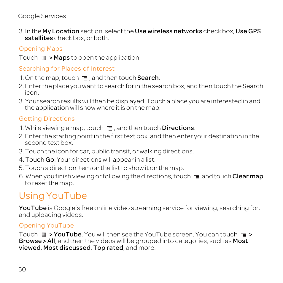 Opening maps, Searching for places of interest, Getting directions | Using youtube, Opening youtube | Huawei U8800-51 User Manual | Page 55 / 83