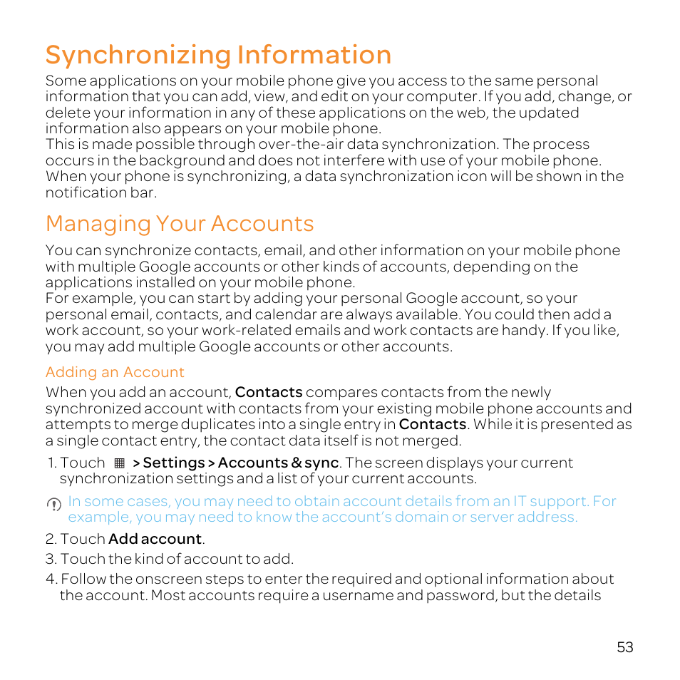 Synchronizing information, Managing your accounts, Adding an account | Huawei U8800-51 User Manual | Page 58 / 83