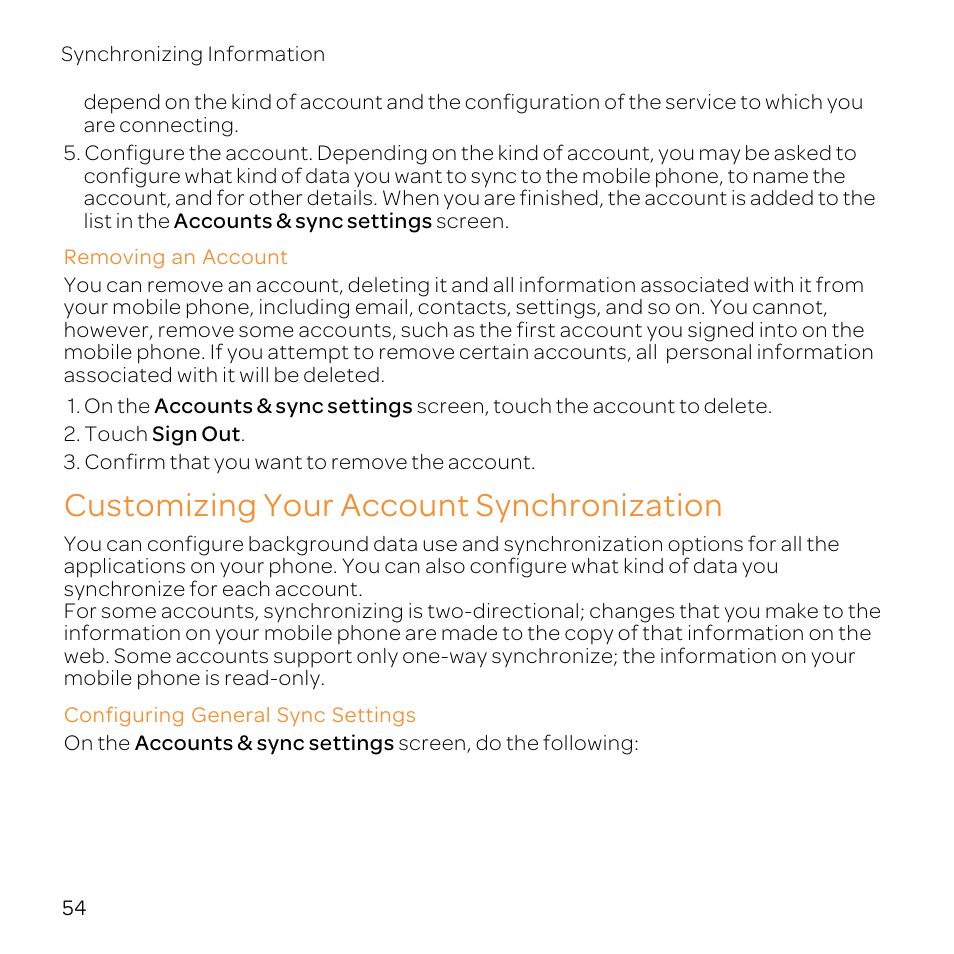 Removing an account, Customizing your account synchronization, Configuring general sync settings | Huawei U8800-51 User Manual | Page 59 / 83