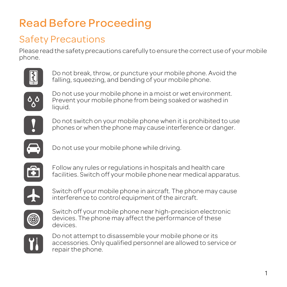 Read before proceeding, Safety precautions | Huawei U8800-51 User Manual | Page 6 / 83