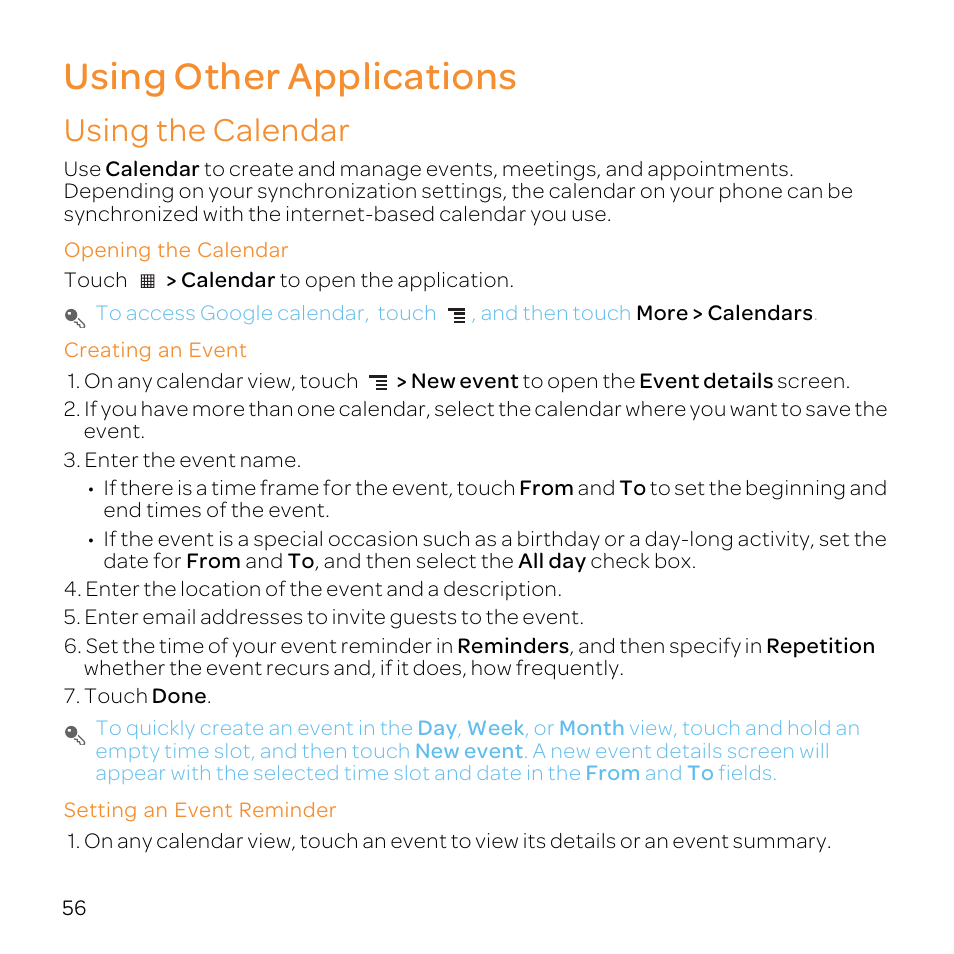 Using other applications, Using the calendar, Opening the calendar | Creating an event, Setting an event reminder | Huawei U8800-51 User Manual | Page 61 / 83