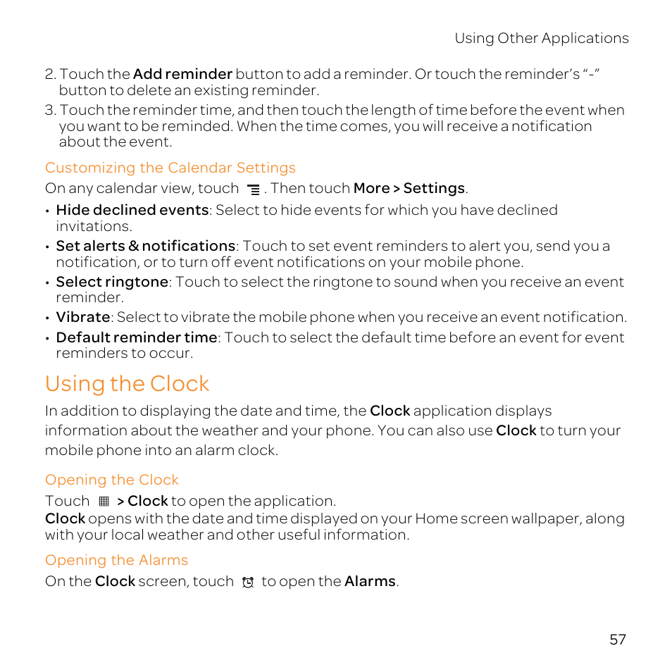 Customizing the calendar settings, Using the clock, Opening the clock | Opening the alarms | Huawei U8800-51 User Manual | Page 62 / 83