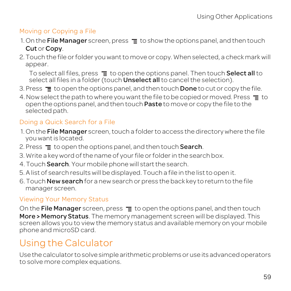 Moving or copying a file, Doing a quick search for a file, Viewing your memory status | Using the calculator | Huawei U8800-51 User Manual | Page 64 / 83