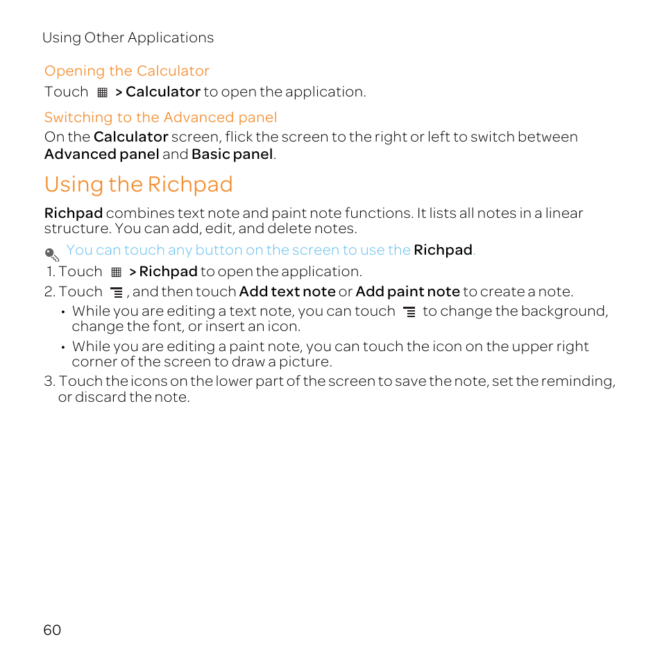 Opening the calculator, Switching to the advanced panel, Using the richpad | Huawei U8800-51 User Manual | Page 65 / 83