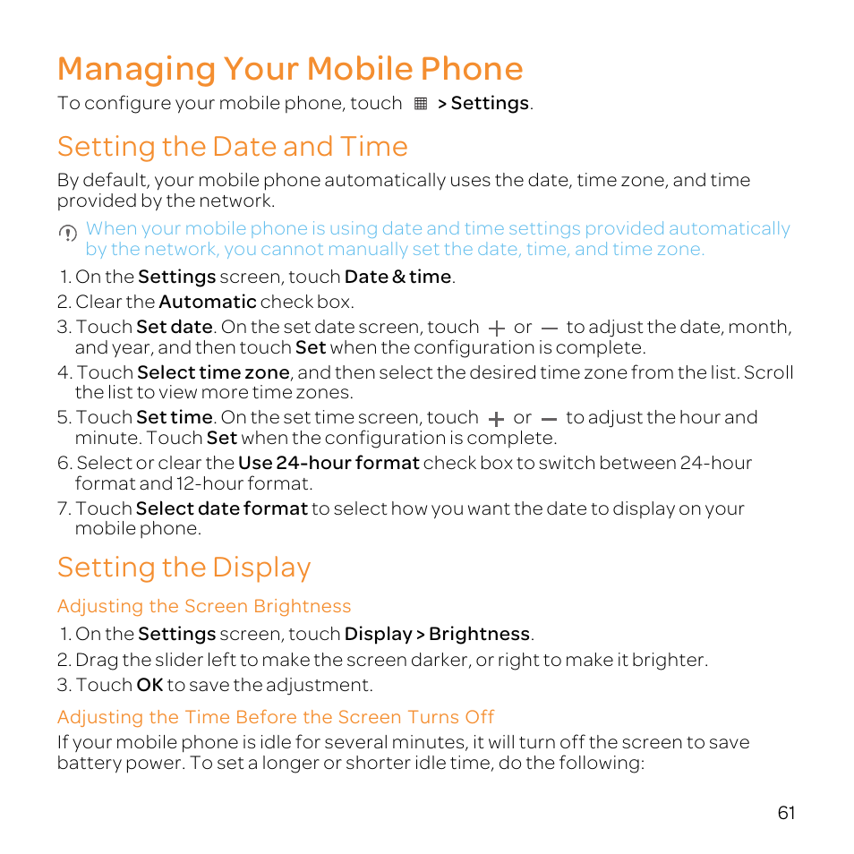 Managing your mobile phone, Setting the date and time, Setting the display | Adjusting the screen brightness, Adjusting the time before the screen turns off | Huawei U8800-51 User Manual | Page 66 / 83