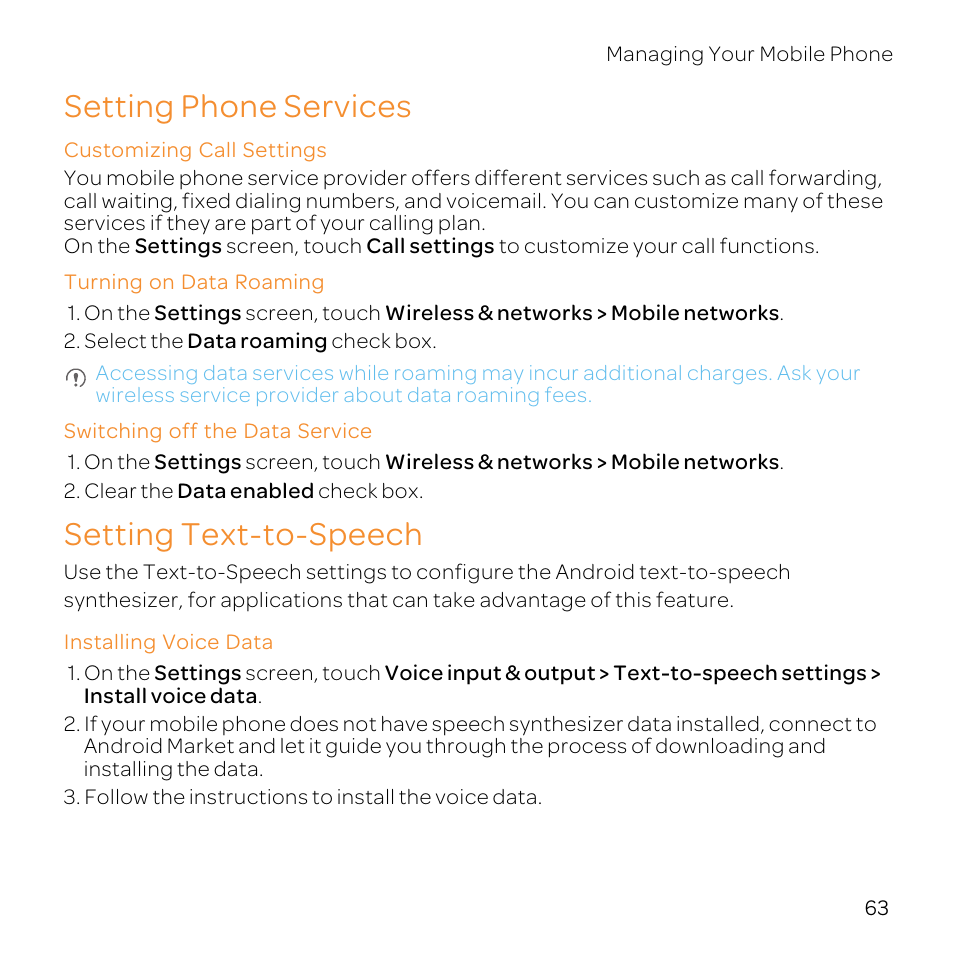 Setting phone services, Customizing call settings, Turning on data roaming | Switching off the data service, Setting text-to-speech, Installing voice data | Huawei U8800-51 User Manual | Page 68 / 83