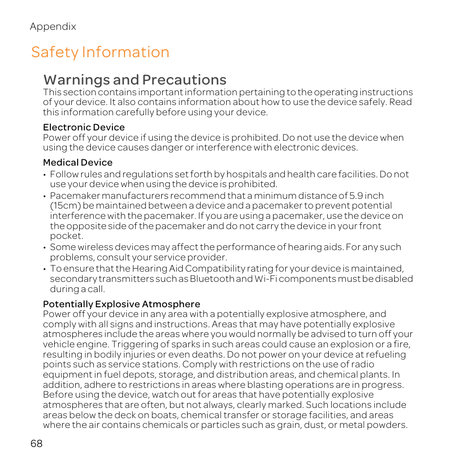 Safety information, Warnings and precautions | Huawei U8800-51 User Manual | Page 73 / 83