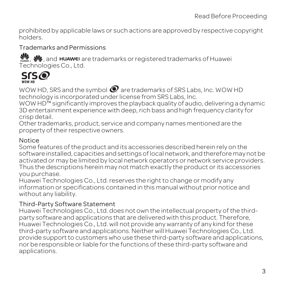 Trademarks and permissions, Notice, Third-party software statement | Huawei U8800-51 User Manual | Page 8 / 83