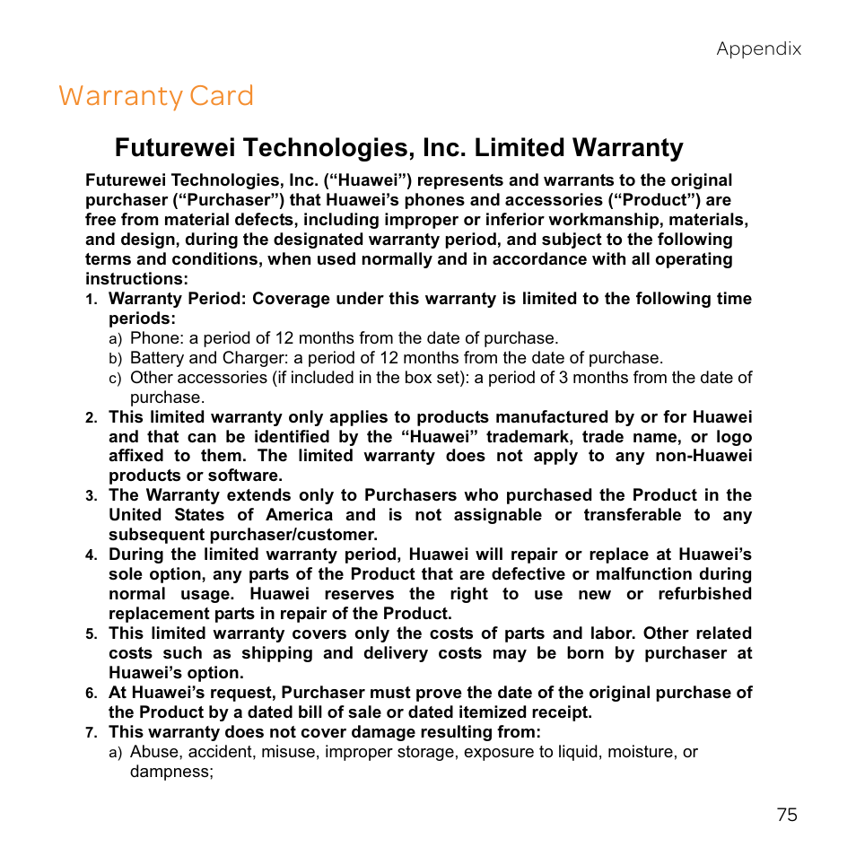 Warranty card, Futurewei technologies, inc. limited warranty | Huawei U8800-51 User Manual | Page 80 / 83