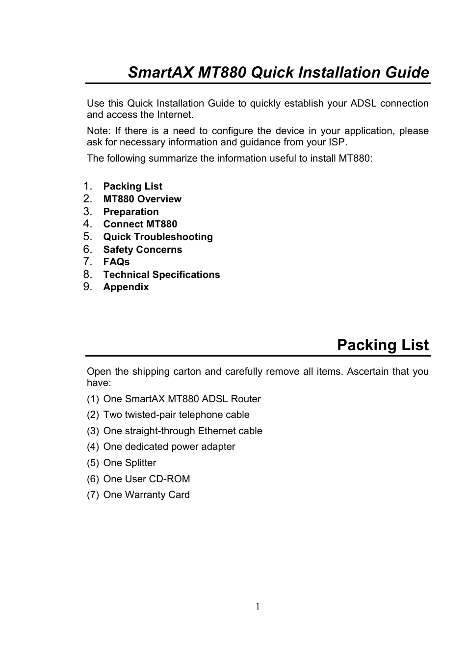 Smartax mt880 quick installation guide, Packing list | Huawei SmartAX MT880 User Manual | Page 4 / 16