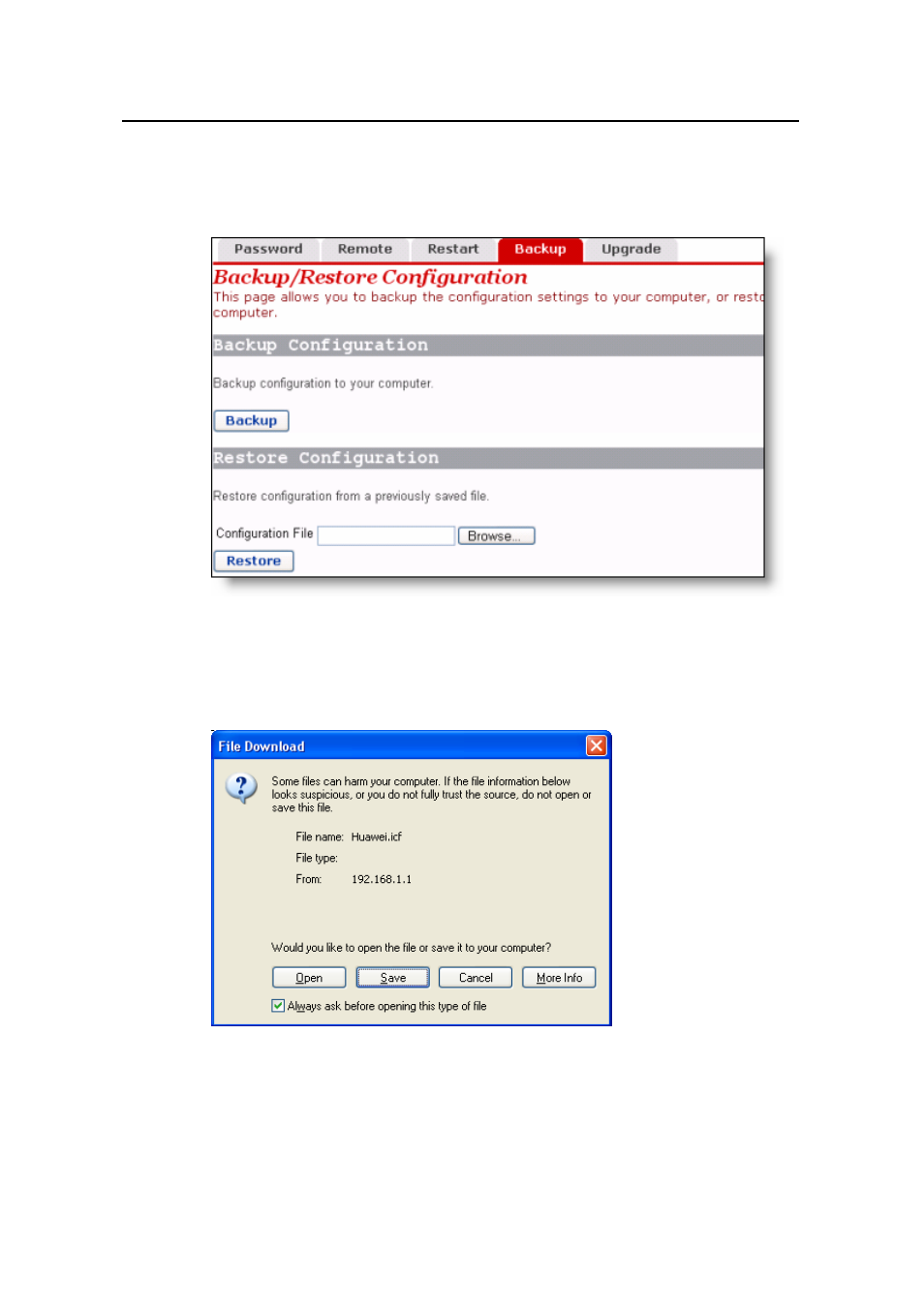 Backing up/restoring configuration, 4 backing up/restoring configuration | Huawei DR814Q User Manual | Page 39 / 110