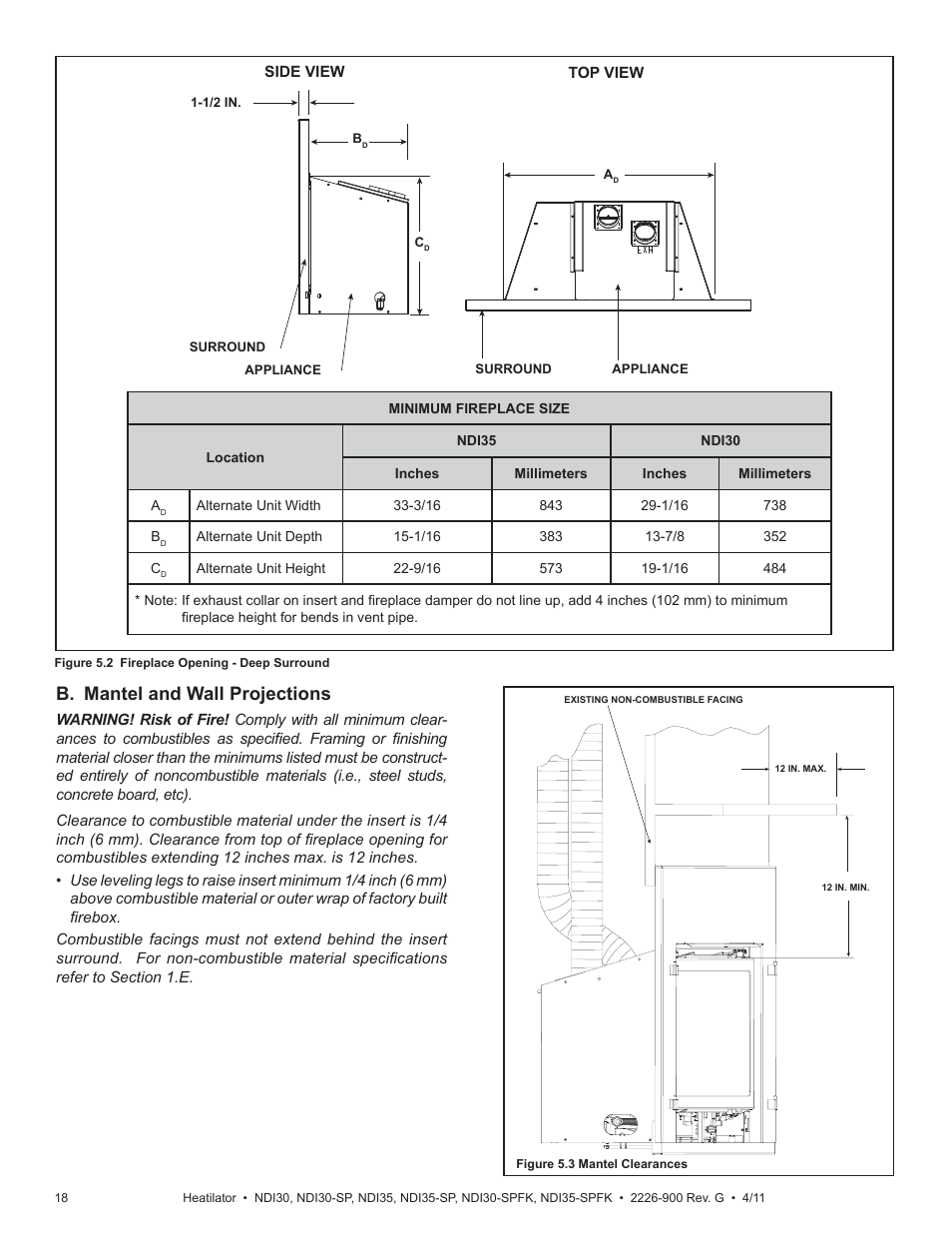 B. mantel and wall projections | Heatiator NDI30-SP User Manual | Page 18 / 42