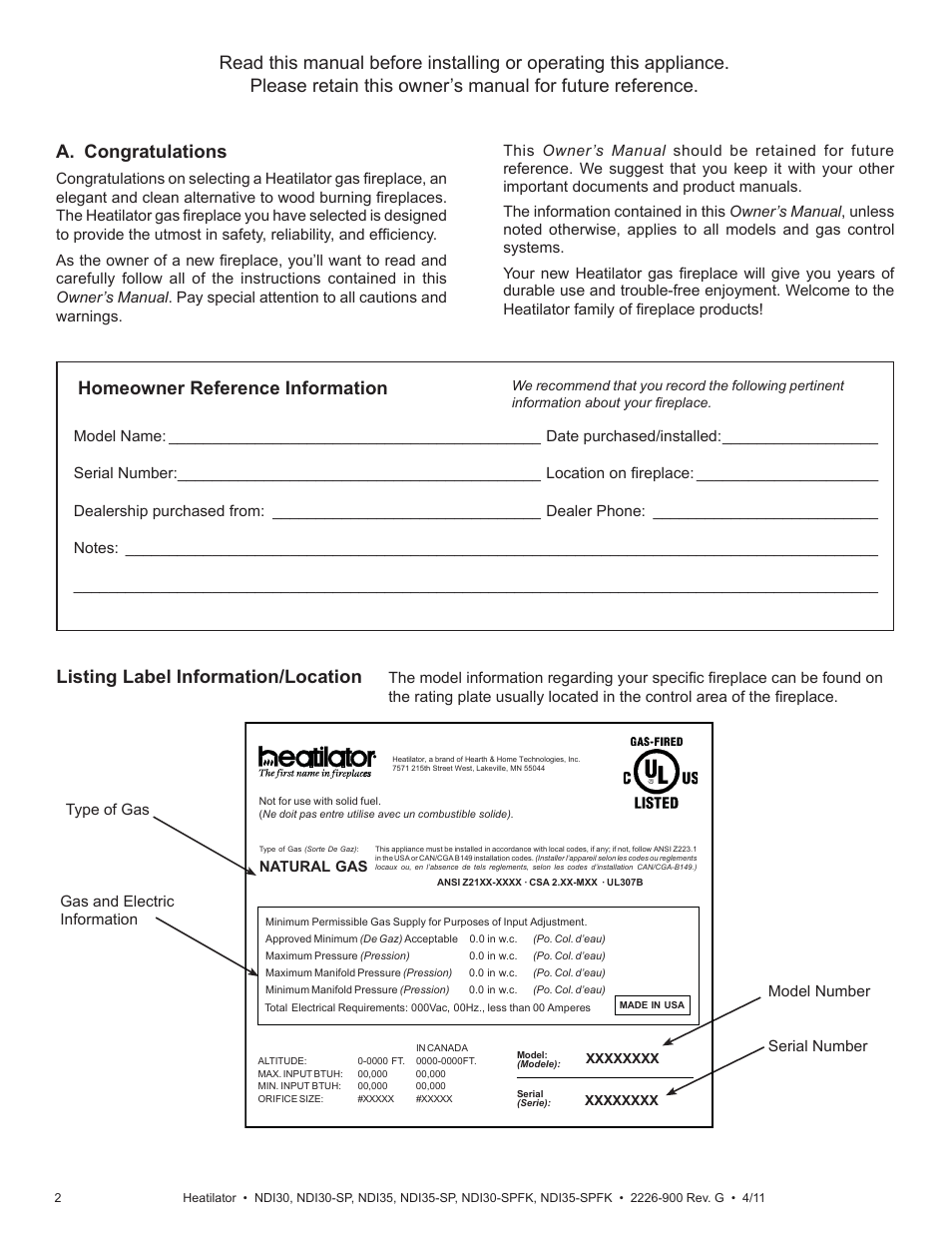 Listing label information/location, Homeowner reference information | Heatiator NDI30-SP User Manual | Page 2 / 42