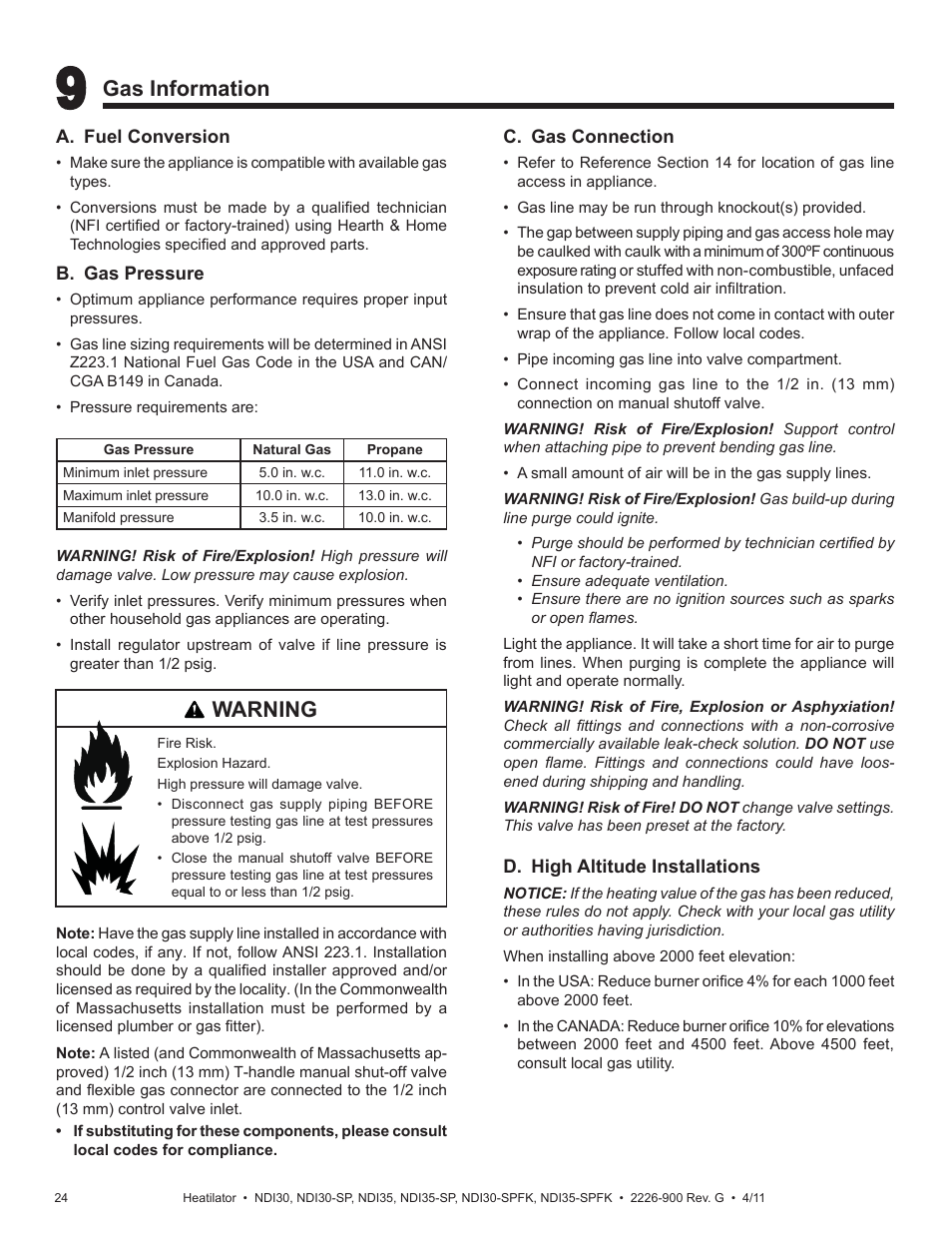 Gas information, Warning | Heatiator NDI30-SP User Manual | Page 24 / 42