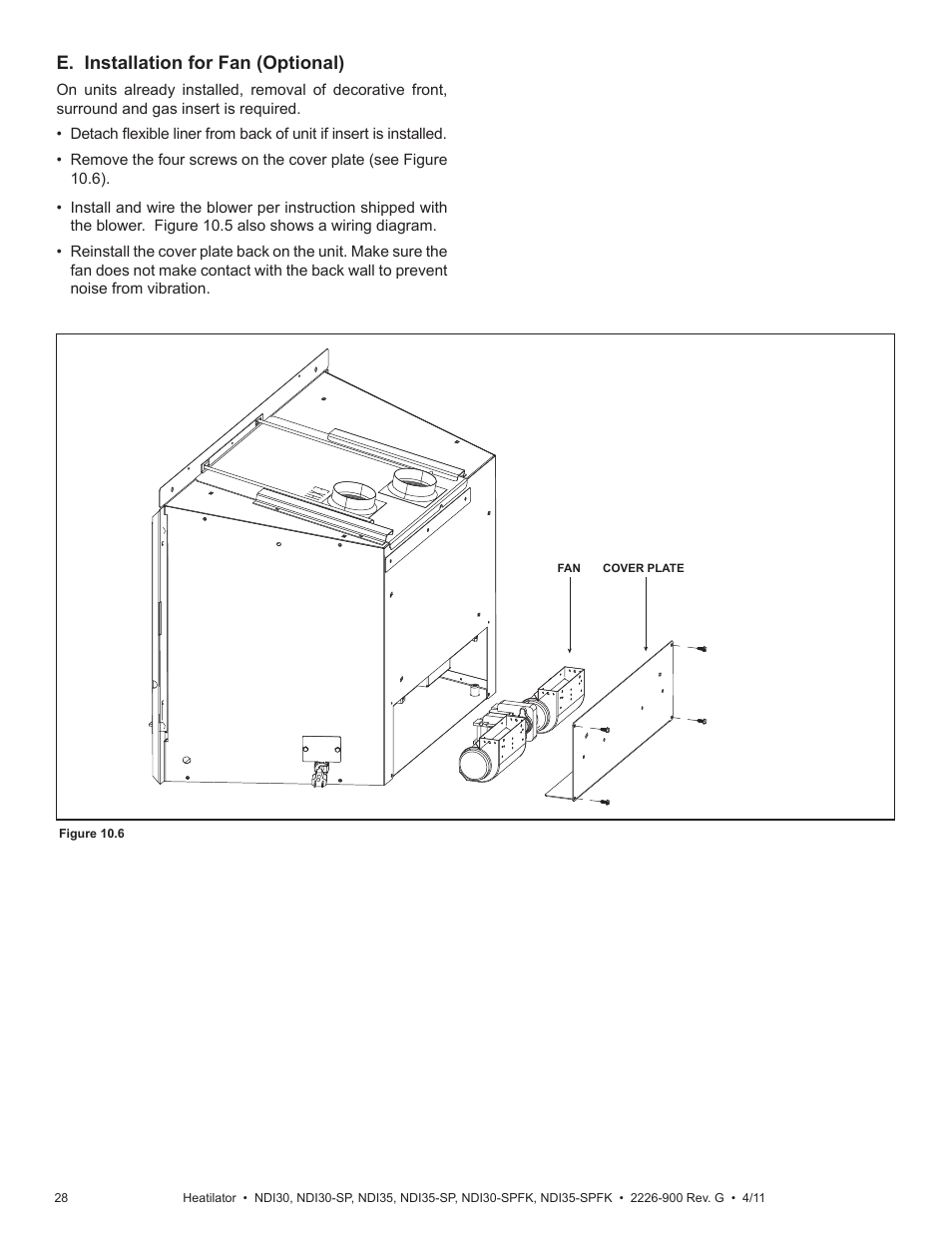 E. installation for fan (optional) | Heatiator NDI30-SP User Manual | Page 28 / 42