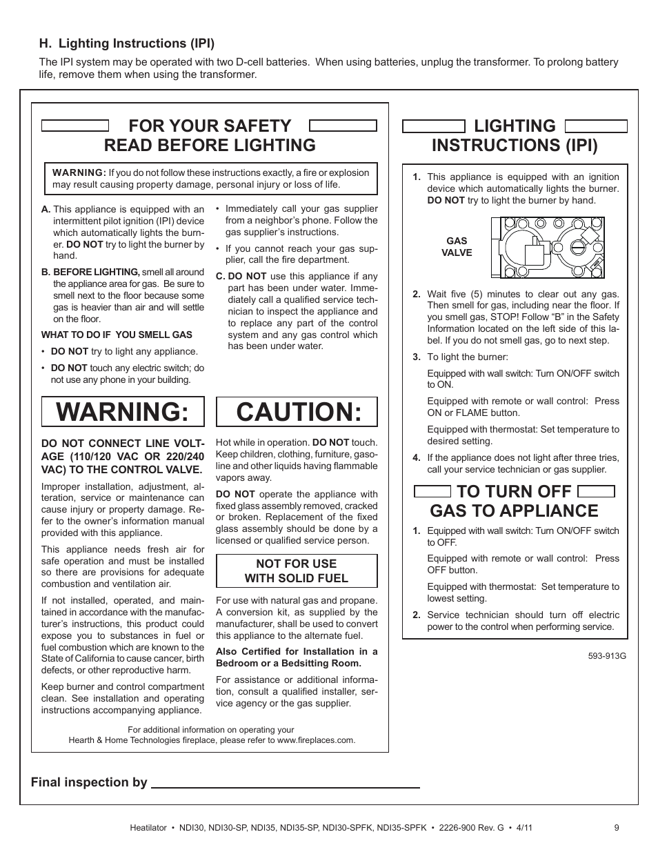 Caution, Warning, For your safety read before lighting | Heatiator NDI30-SP User Manual | Page 9 / 42