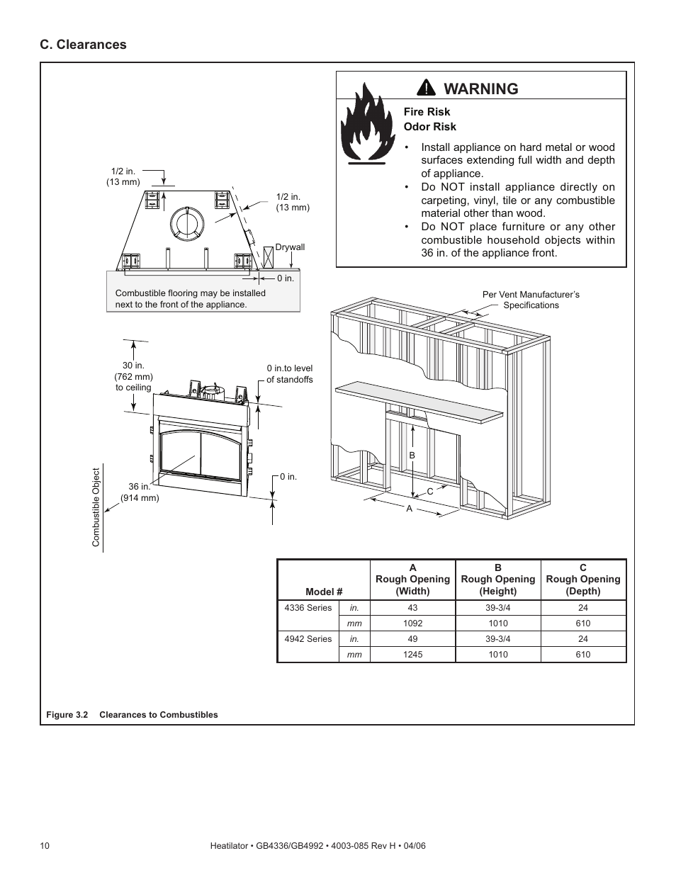 Warning, C. clearances | Heatiator Heatilator GB4336 User Manual | Page 10 / 52