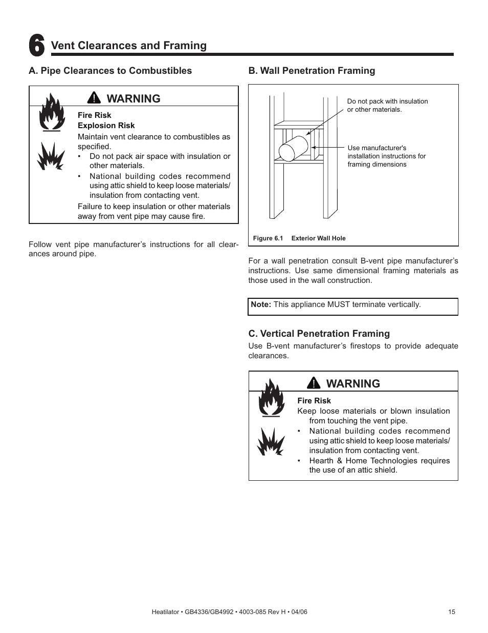 Warning, Vent clearances and framing | Heatiator Heatilator GB4336 User Manual | Page 15 / 52