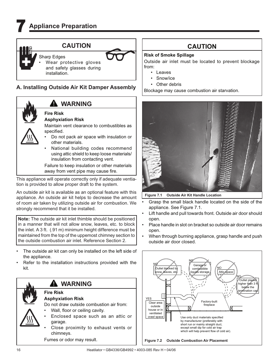 Appliance preparation, Caution, Warning | A. installing outside air kit damper assembly | Heatiator Heatilator GB4336 User Manual | Page 16 / 52