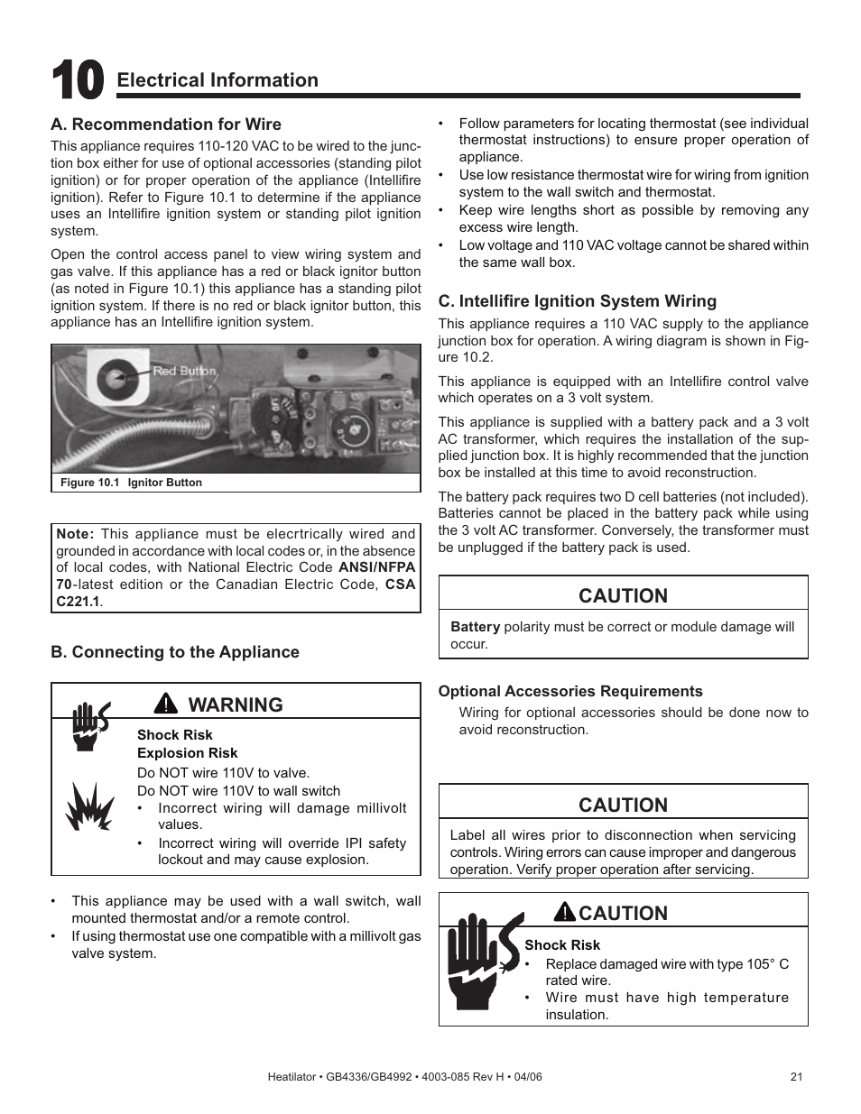 Caution, Warning, Electrical information | Heatiator Heatilator GB4336 User Manual | Page 21 / 52