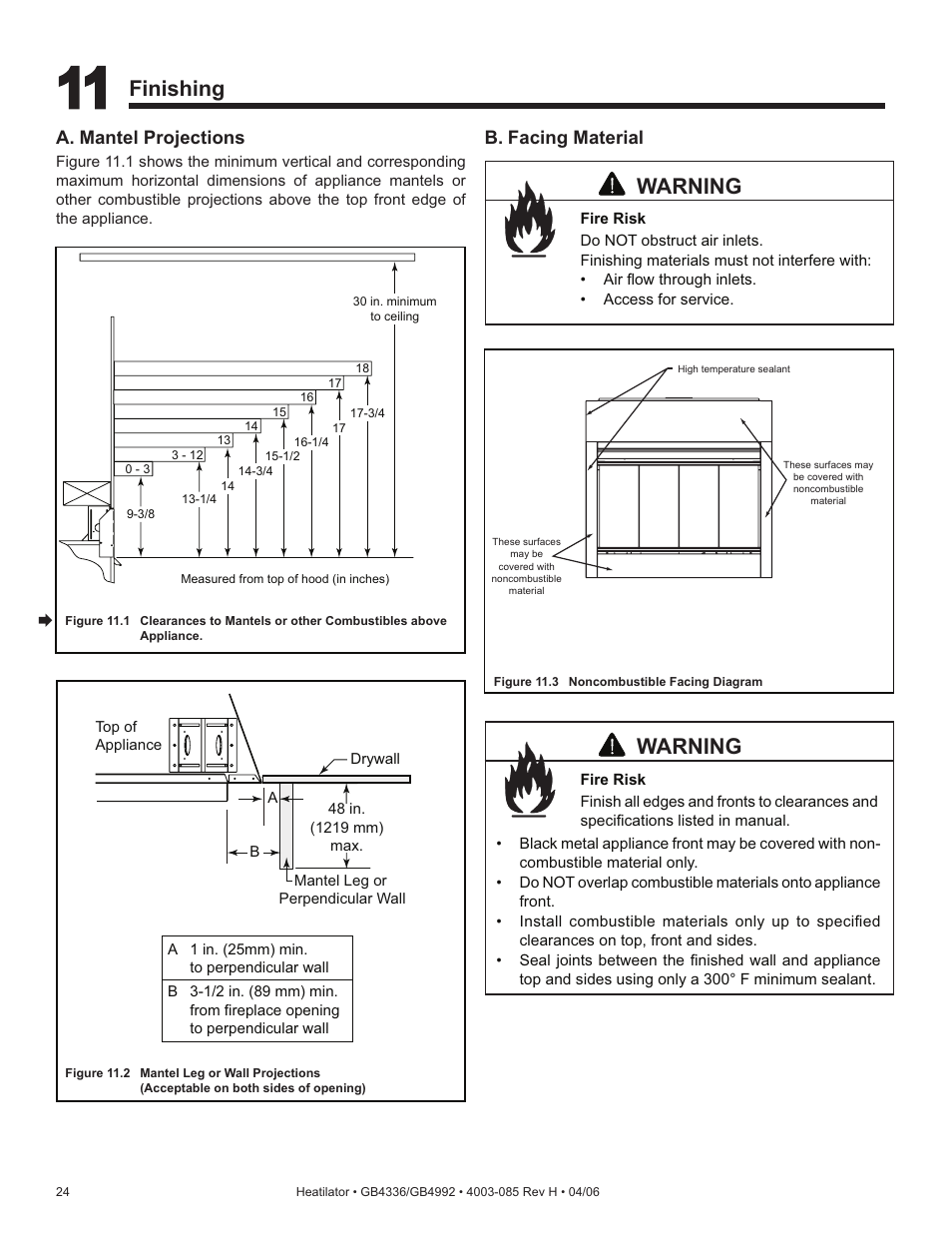 Finishing, Warning | Heatiator Heatilator GB4336 User Manual | Page 24 / 52