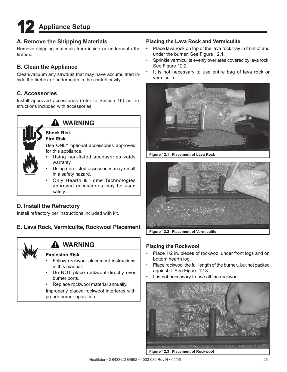 Warning, Appliance setup | Heatiator Heatilator GB4336 User Manual | Page 25 / 52