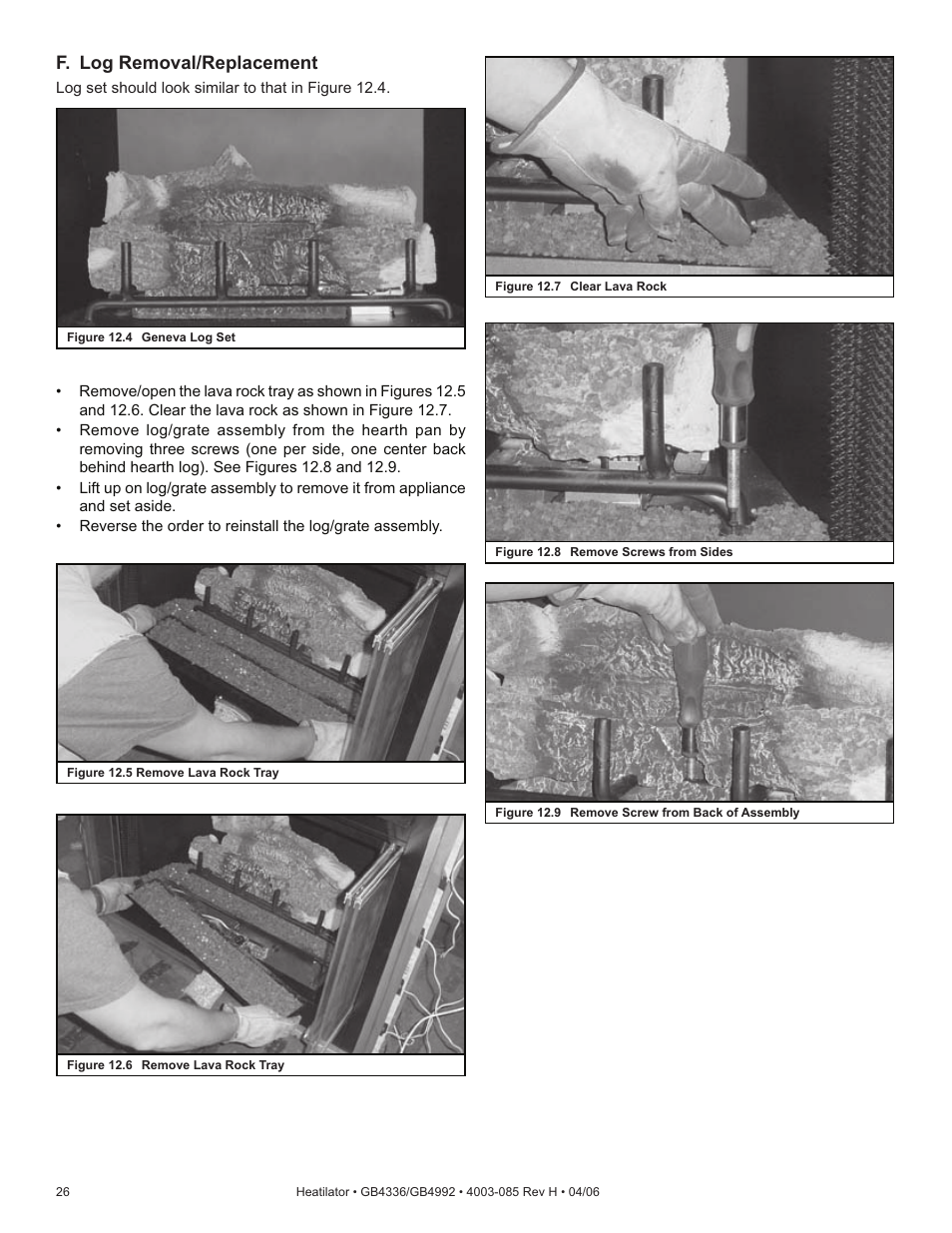 F. log removal/replacement | Heatiator Heatilator GB4336 User Manual | Page 26 / 52