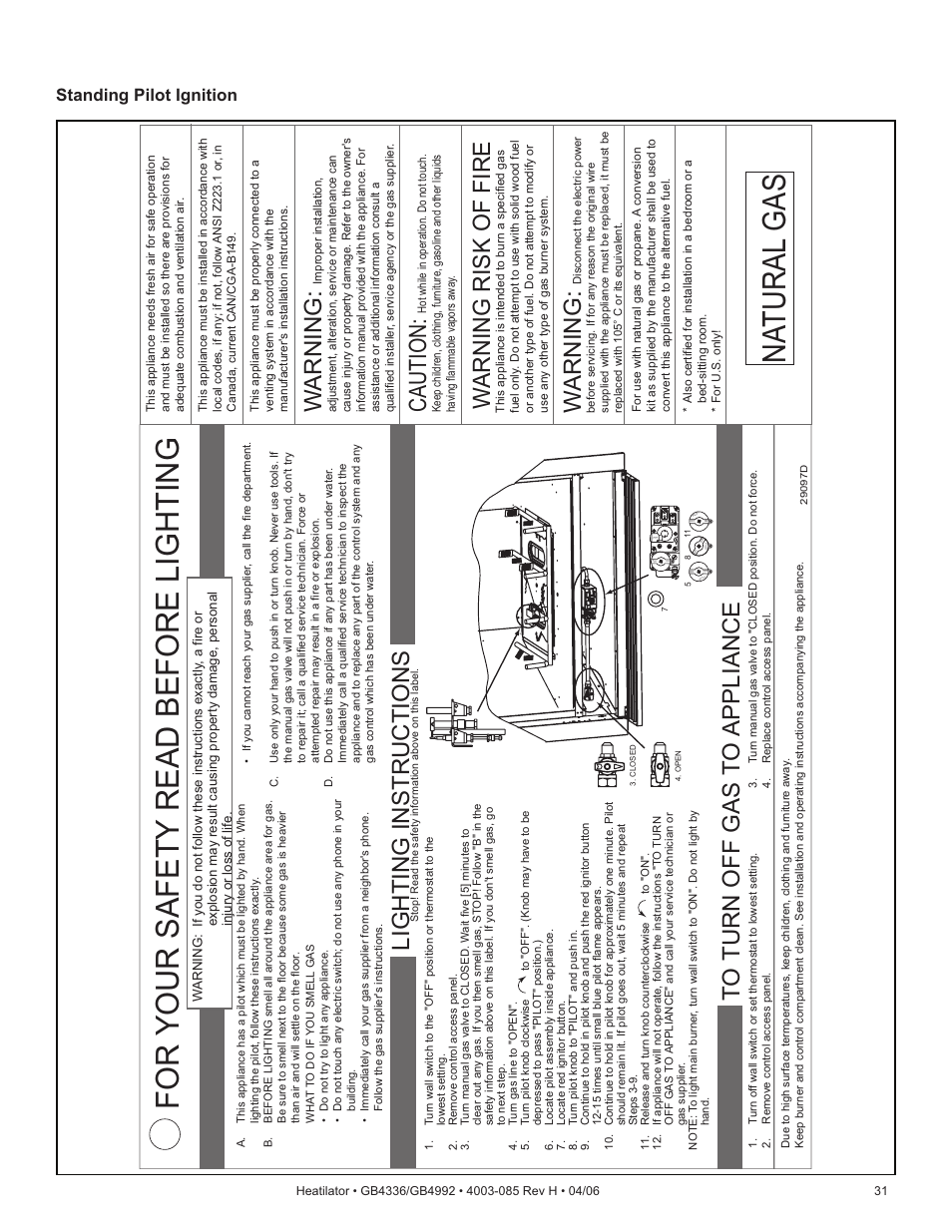 For your safety read before lighting, Na tural gas, Lighting instructions | Wa rning, Caution, Wa rning risk of fire, Standing pilot ignition | Heatiator Heatilator GB4336 User Manual | Page 31 / 52