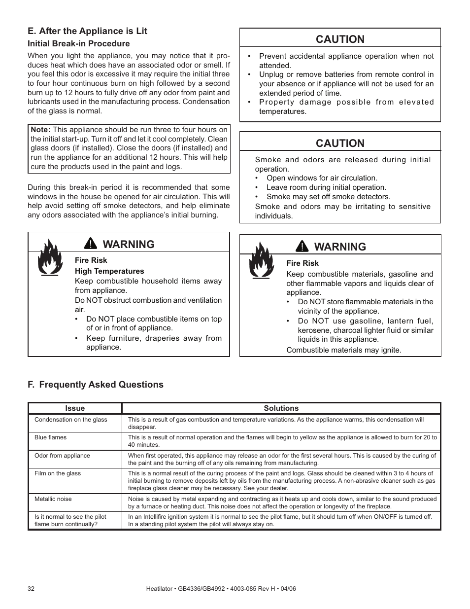 Caution, Warning | Heatiator Heatilator GB4336 User Manual | Page 32 / 52