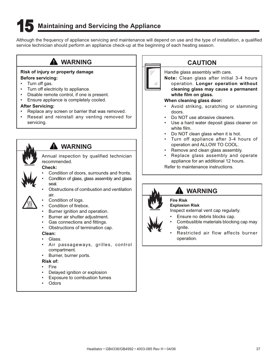 Warning, Caution, Maintaining and servicing the appliance | Heatiator Heatilator GB4336 User Manual | Page 37 / 52