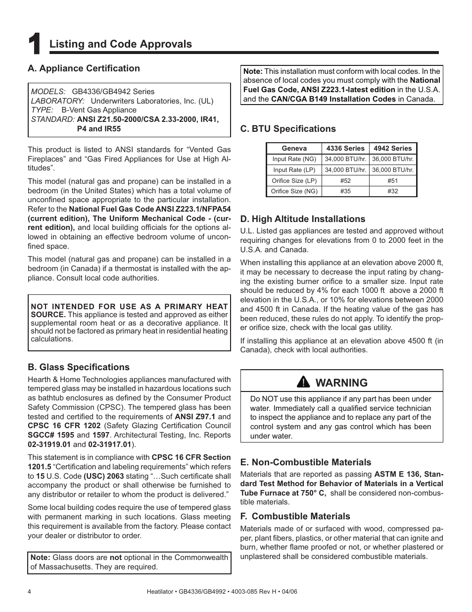 Listing and code approvals, Warning | Heatiator Heatilator GB4336 User Manual | Page 4 / 52