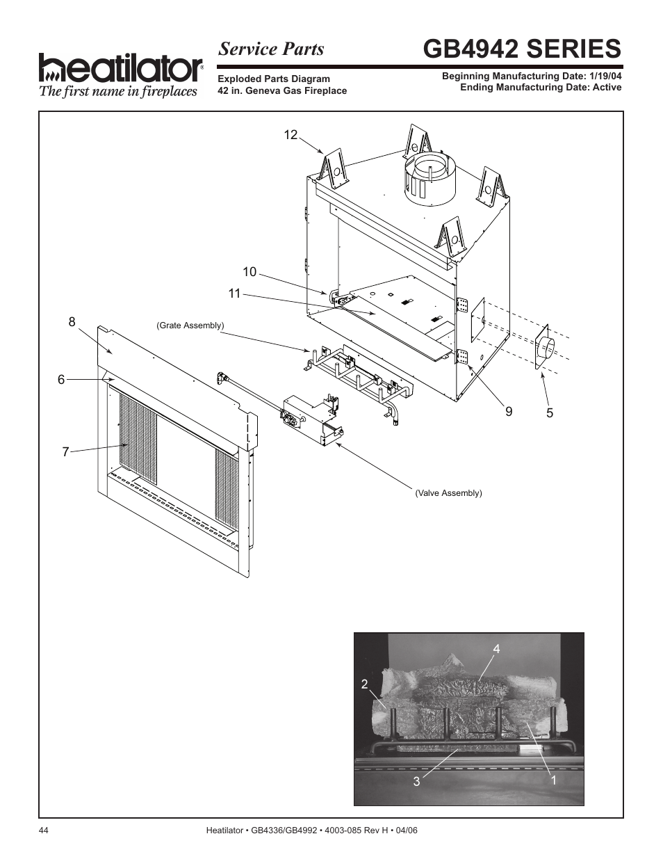 Gb4942 series, Service parts | Heatiator Heatilator GB4336 User Manual | Page 44 / 52