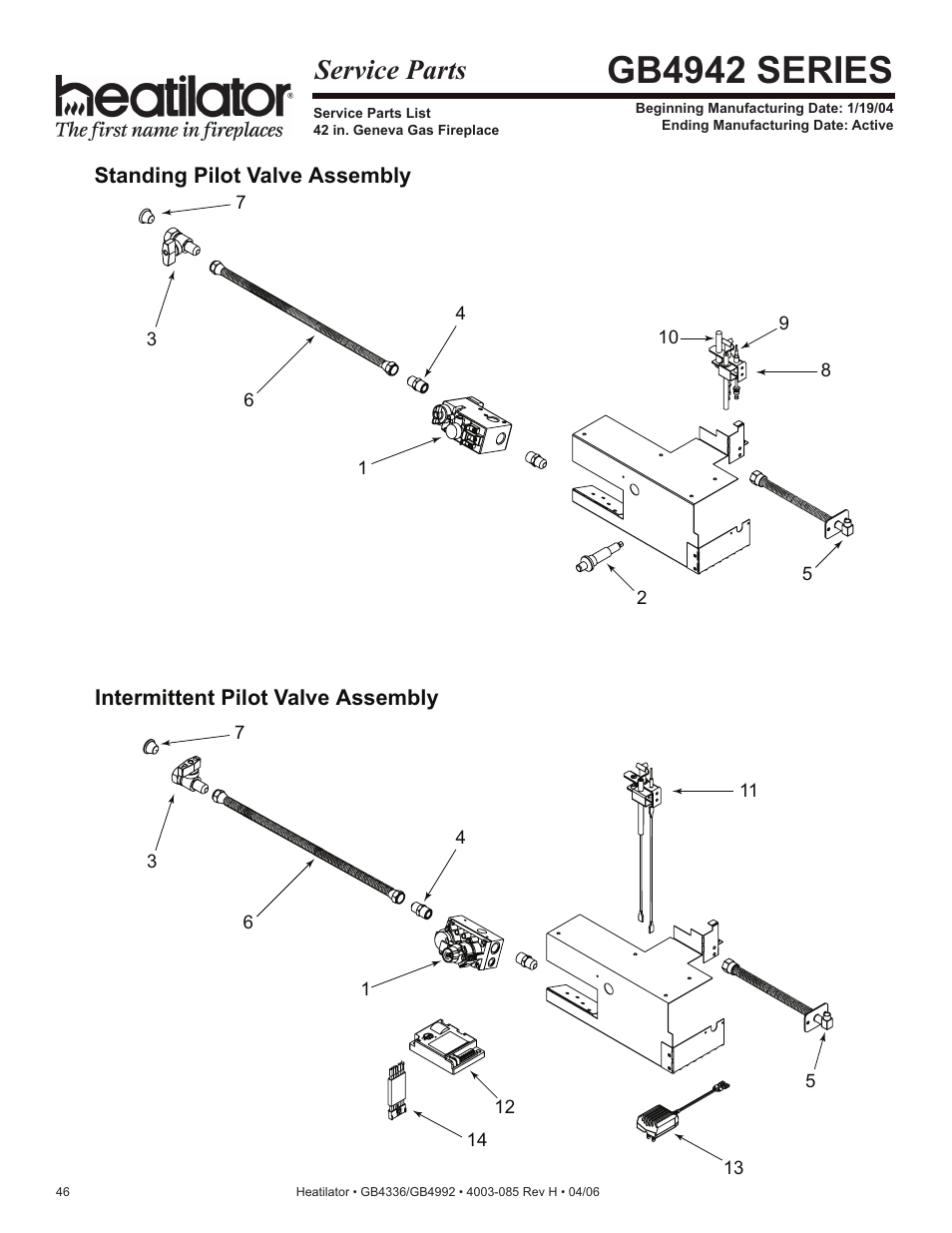 Gb4942 series, Service parts | Heatiator Heatilator GB4336 User Manual | Page 46 / 52