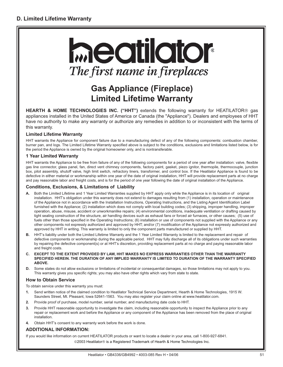 D. limited lifetime warranty | Heatiator Heatilator GB4336 User Manual | Page 51 / 52