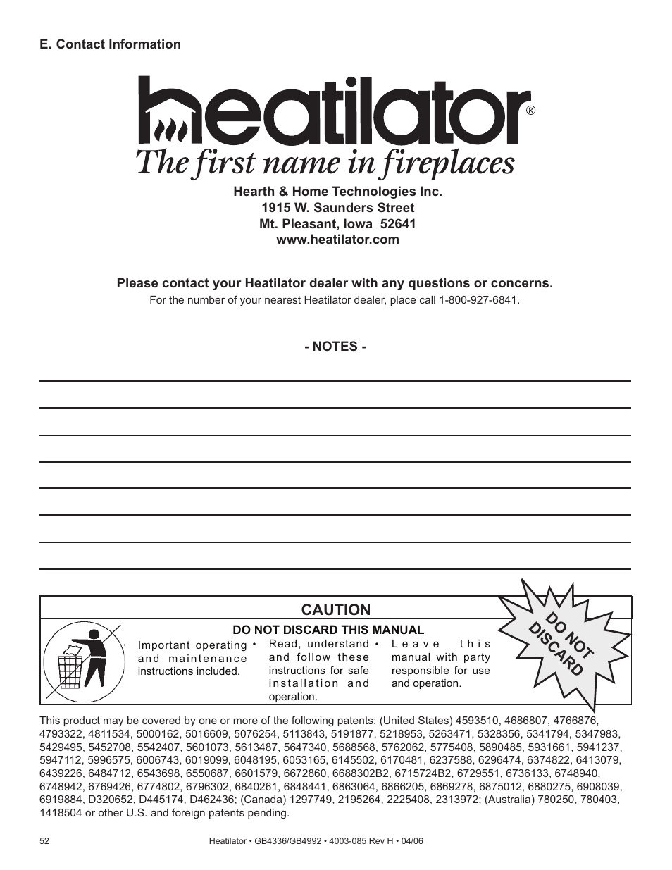 Caution, Do not discard | Heatiator Heatilator GB4336 User Manual | Page 52 / 52