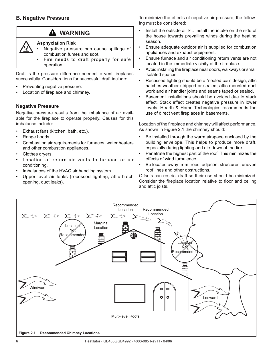 Warning, B. negative pressure | Heatiator Heatilator GB4336 User Manual | Page 6 / 52