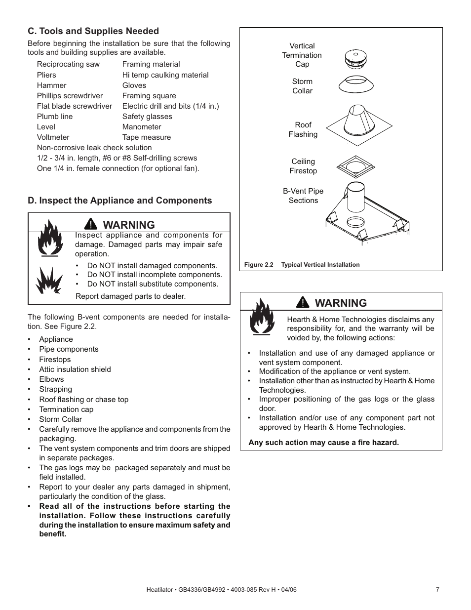 Warning | Heatiator Heatilator GB4336 User Manual | Page 7 / 52