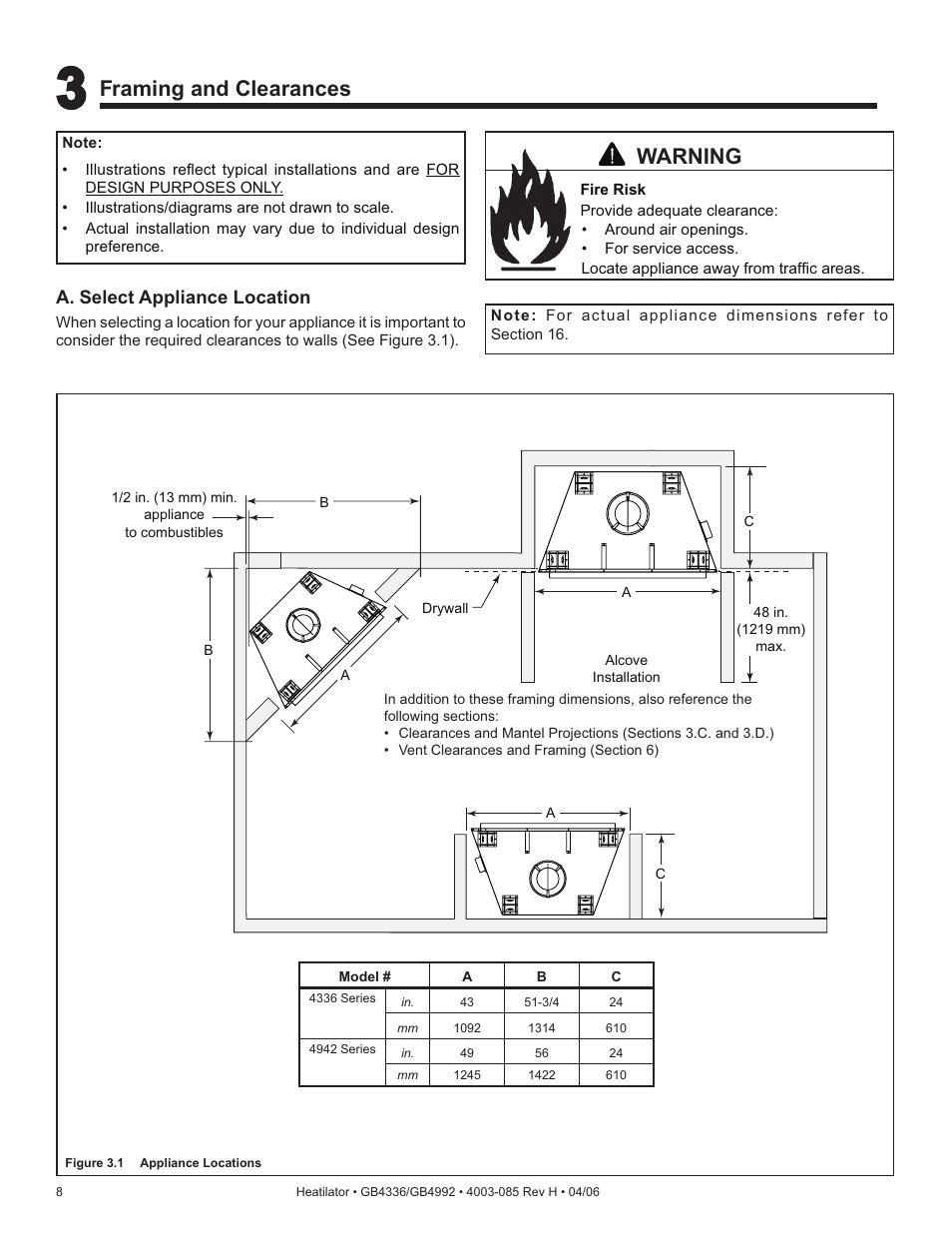 Warning, Framing and clearances | Heatiator Heatilator GB4336 User Manual | Page 8 / 52