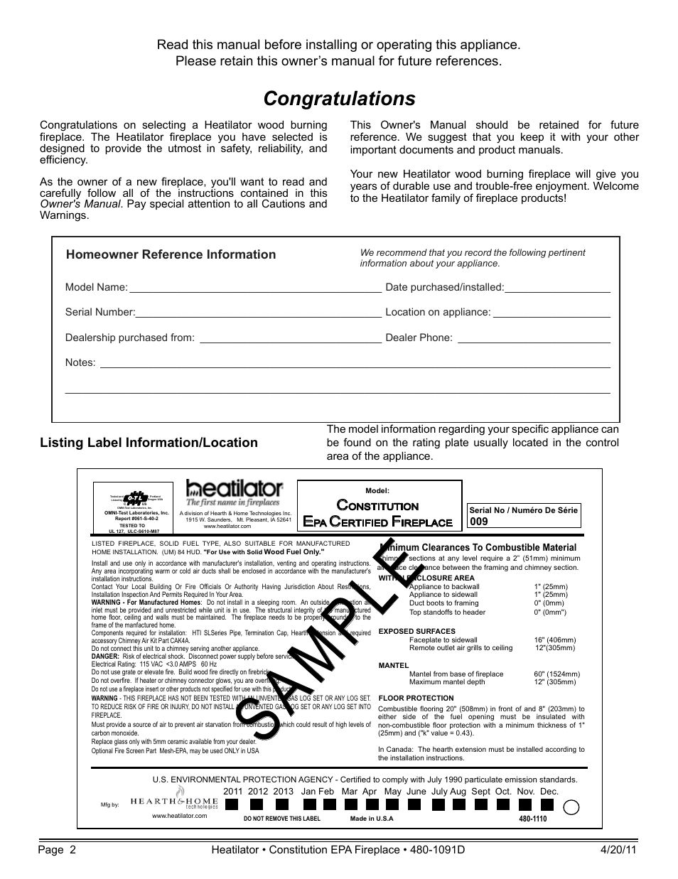 Sa mp le, Listing label information/location, Homeowner reference information | Heatiator C40 User Manual | Page 2 / 71
