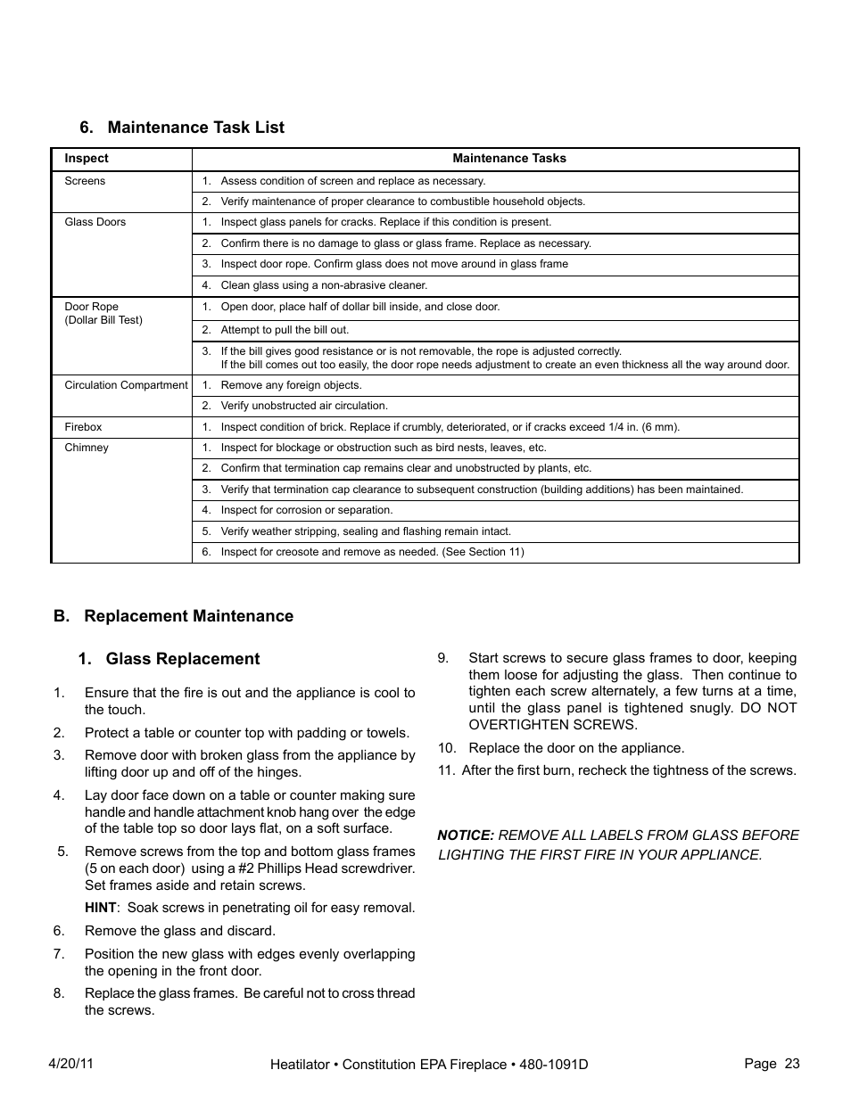 Maintenance task list 1. glass replacement, B. replacement maintenance | Heatiator C40 User Manual | Page 23 / 71