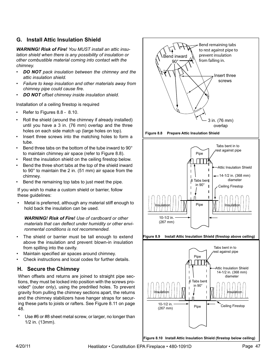 G. install attic insulation shield, H. secure the chimney | Heatiator C40 User Manual | Page 47 / 71